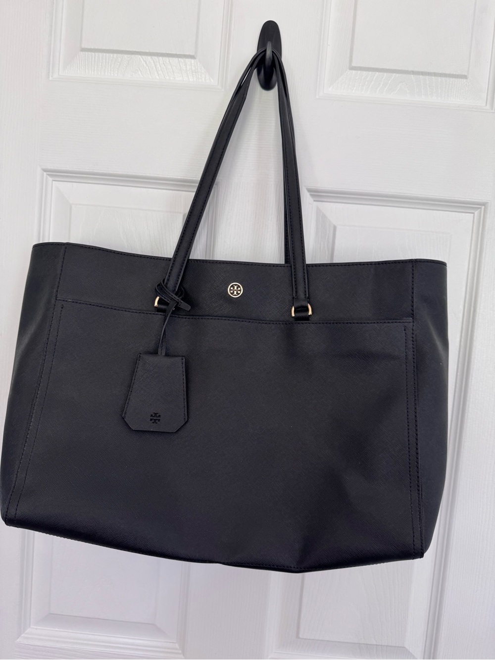 Tory Burch Black Leather Tote with Gold Logo